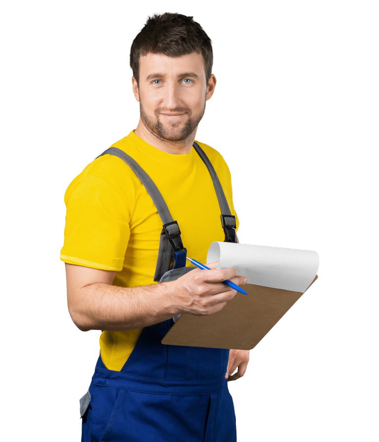 Man posing with a yellow shirt, blue overalls, and a clip board in his hand