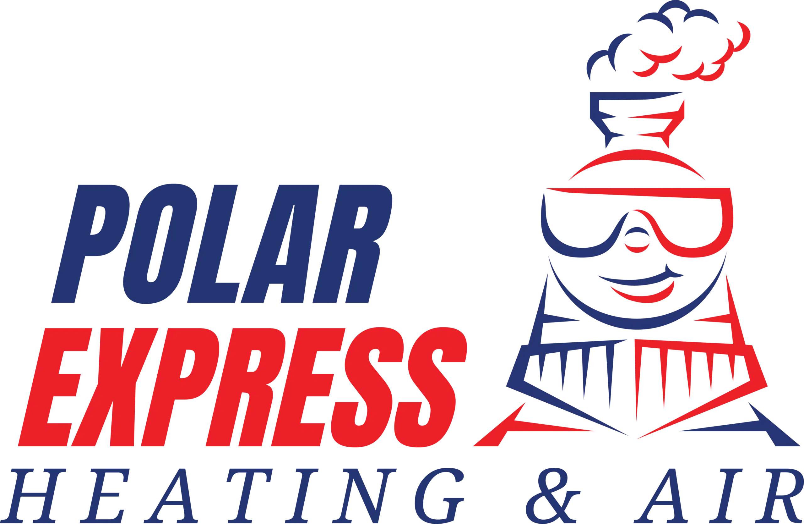 Polar Express Heating & Air logo with a smiling train wearing sunglasses, emitting steam.