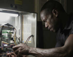 Man repairing wires inside an open electrical panel, focused on the task in a dimly lit room.