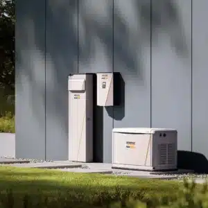 Generac power equipment and battery storage units installed outside on a modern building’s exterior wall.